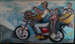 A man with his family of seven on a motorbike