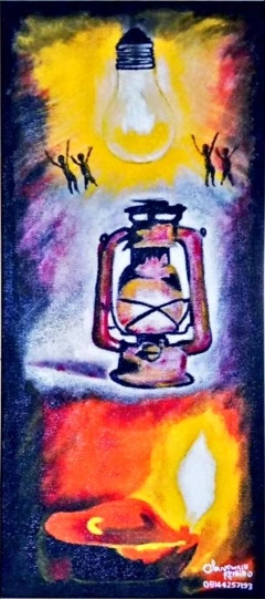 An electric bulb, a lantern, and a oil lamp
