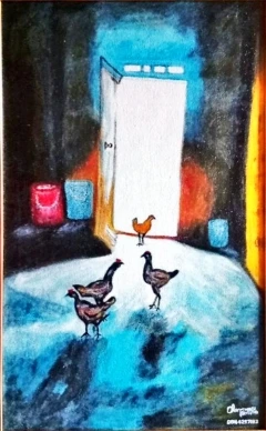 Chickens inside a room with ray of sunlight