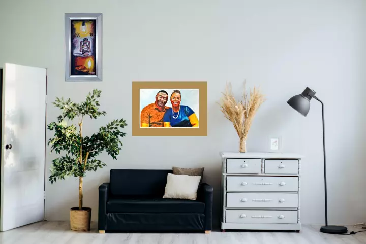 Two paintings on a wall: 'A happy couple' and 'The history of civilization' 