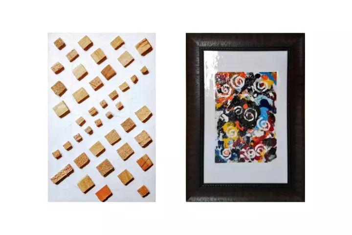 Two paintings: 'draftical woodwork' and 'complementary color patterns'