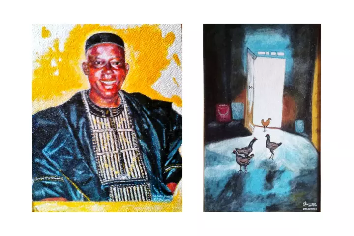 Two paintings. One of a man and the other ray of light into a room with chickens